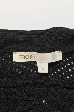 Black viscose-blend fringe crochet knit open-front Western cocoon cardigan