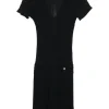 Black viscose-blend fully-fashioned plissé rib knit shift dress with logo-embossed shank button appliqué