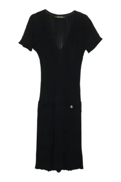 Black viscose-blend fully-fashioned plissé rib knit shift dress with logo-embossed shank button appliqué