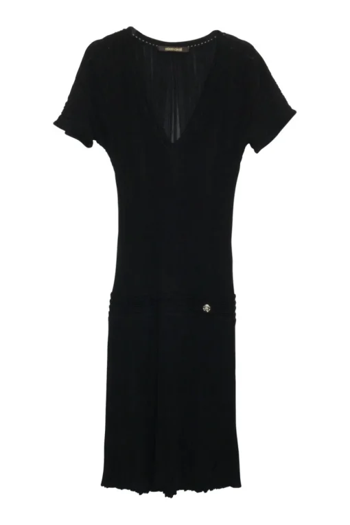 Black viscose-blend fully-fashioned plissé rib knit shift dress with logo-embossed shank button appliqué