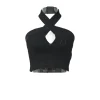 Black viscose-blend fully-fashioned rib knit criss-cross halter neck keyhole crop top
