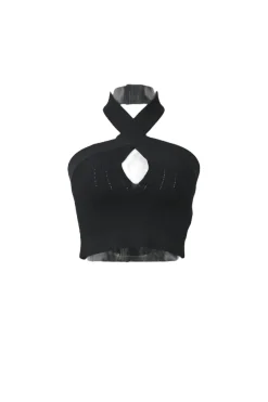 Black viscose-blend fully-fashioned rib knit criss-cross halter neck keyhole crop top