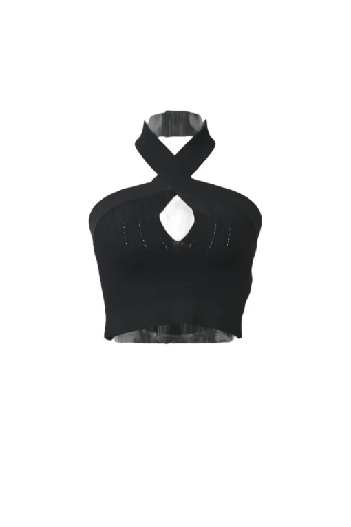 Black viscose-blend fully-fashioned rib knit criss-cross halter neck keyhole crop top