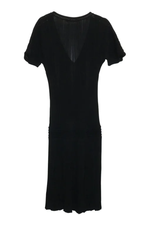 Black viscose-blend fully-fashioned plissé rib knit shift dress with logo-embossed shank button appliqué