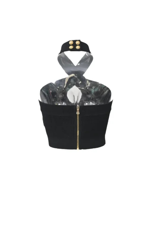 Black viscose-blend fully-fashioned rib knit criss-cross halter neck keyhole crop top