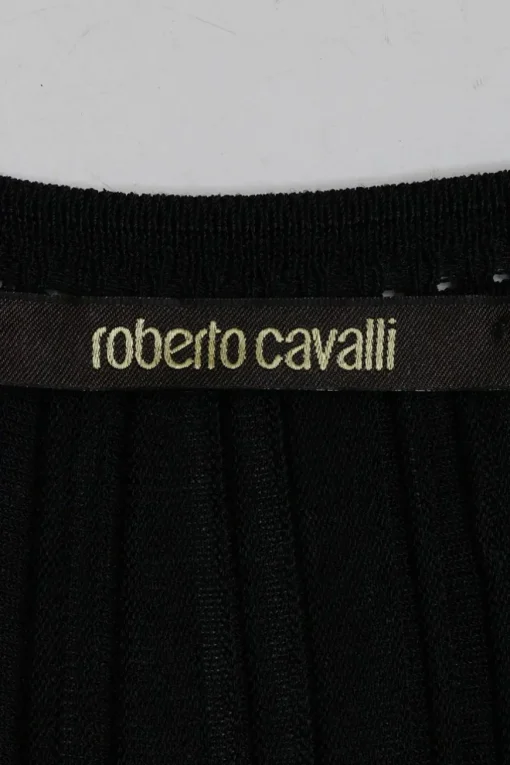 Black viscose-blend fully-fashioned plissé rib knit shift dress with logo-embossed shank button appliqué