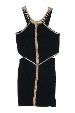 Black viscose-blend Grecian neck mini sheath dress with cutout sides and bead broderie motif