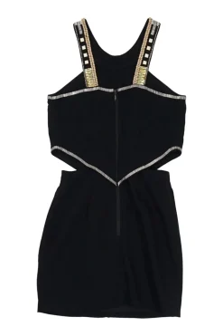 Black viscose-blend Grecian neck mini sheath dress with cutout sides and bead broderie motif