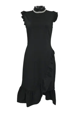 Black viscose-blend high-collar flutter sleeve tulip skirt mini dress featuring built-in chainlink necklace appliqué