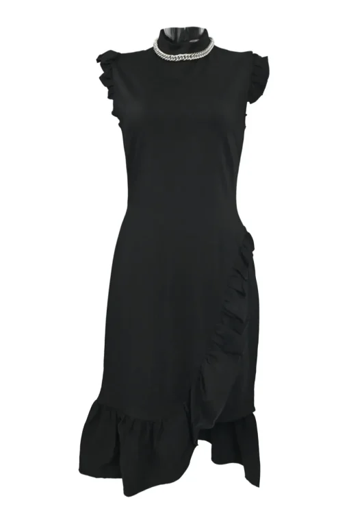 Black viscose-blend high-collar flutter sleeve tulip skirt mini dress featuring built-in chainlink necklace appliqué