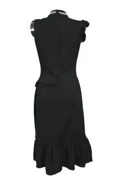 Black viscose-blend high-collar flutter sleeve tulip skirt mini dress featuring built-in chainlink necklace appliqué