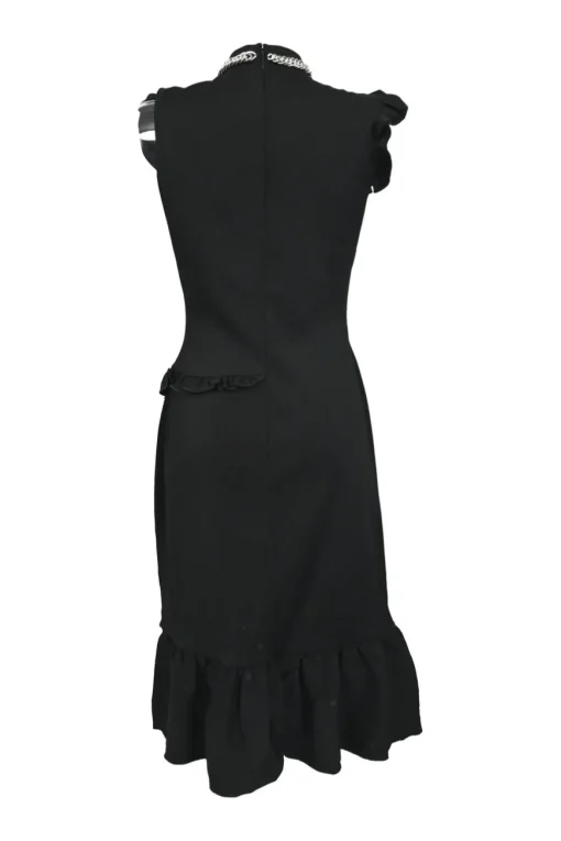Black viscose-blend high-collar flutter sleeve tulip skirt mini dress featuring built-in chainlink necklace appliqué