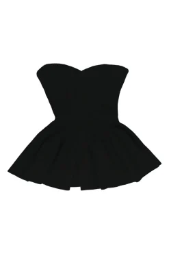 Black viscose-blend interlock rib knit strapless peplum bustier top with corset-style interior boning