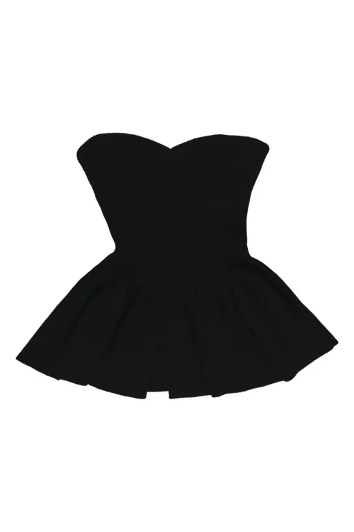 Black viscose-blend interlock rib knit strapless peplum bustier top with corset-style interior boning
