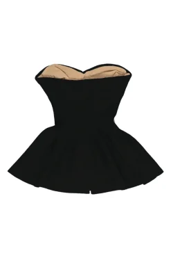 Black viscose-blend interlock rib knit strapless peplum bustier top with corset-style interior boning