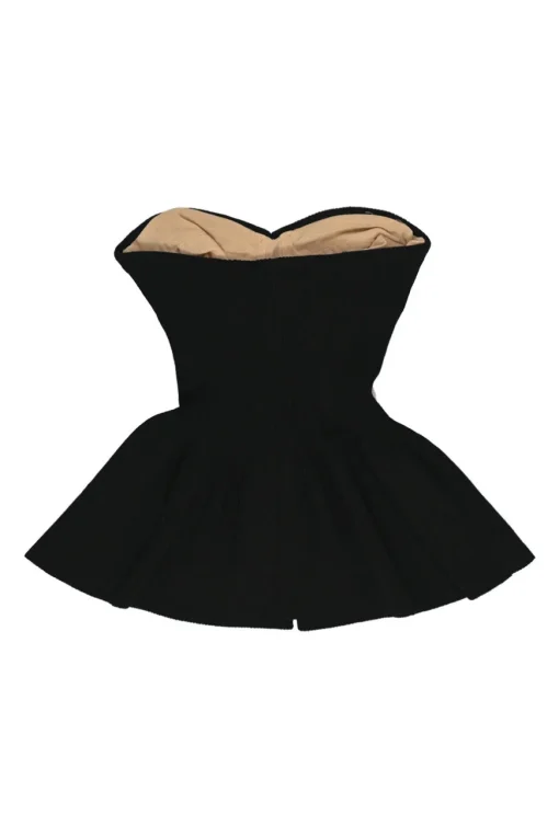 Black viscose-blend interlock rib knit strapless peplum bustier top with corset-style interior boning