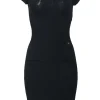Black viscose-blend jersey knit pullover cap sleeve sheath dress with scooped neck