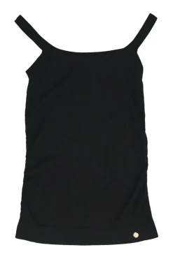 Black viscose-blend jersey knit racerback tank top with medusa plaque