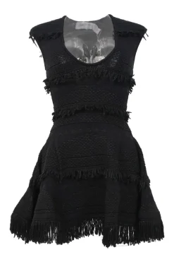 Black viscose-blend Like Laughter fringe bouclé knit scoop neck cap sleeve skater dress
