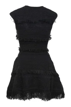 Black viscose-blend Like Laughter fringe bouclé knit scoop neck cap sleeve skater dress
