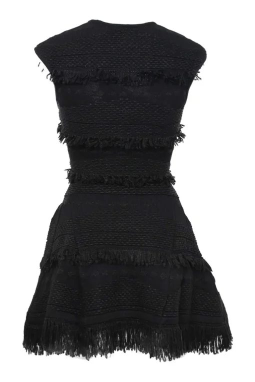 Black viscose-blend Like Laughter fringe bouclé knit scoop neck cap sleeve skater dress
