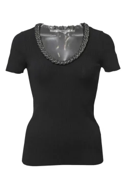 Black viscose-blend micro-rib short sleeve knit top featuring trapped chain neckline appliqué