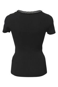 Black viscose-blend micro-rib short sleeve knit top featuring trapped chain neckline appliqué