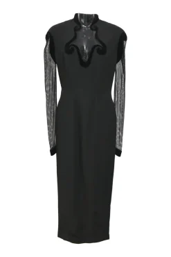 Black viscose-blend mixed-media stand collar peek-a-boo sweetheart sheath dress