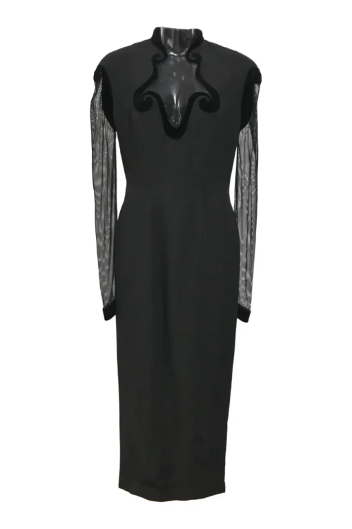 Black viscose-blend mixed-media stand collar peek-a-boo sweetheart sheath dress