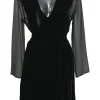 Black viscose-blend mixed-media plunge neck peek-a-boo long sleeve tie-waist mini dress with tonal tulle inserts