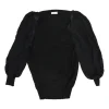 Black viscose-blend mixed-media scoop neck knit top with semi-sheer balloon sleeves