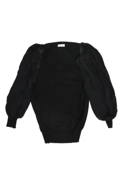 Black viscose-blend mixed-media scoop neck knit top with semi-sheer balloon sleeves
