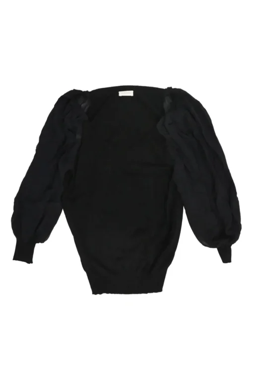 Black viscose-blend mixed-media scoop neck knit top with semi-sheer balloon sleeves