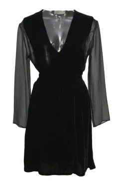 Black viscose-blend mixed-media plunge neck peek-a-boo long sleeve tie-waist mini dress with tonal tulle inserts