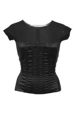 Black viscose-blend mixed-media cap sleeve corset top