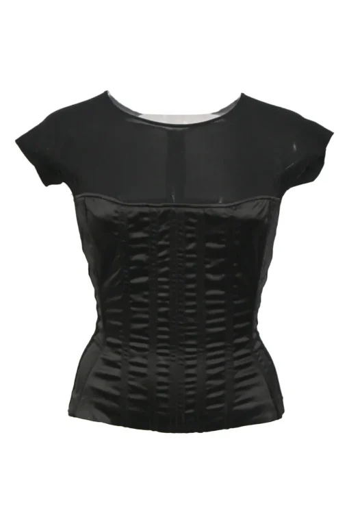 Black viscose-blend mixed-media cap sleeve corset top