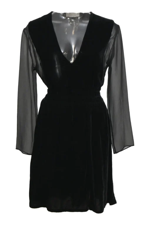 Black viscose-blend mixed-media plunge neck peek-a-boo long sleeve tie-waist mini dress with tonal tulle inserts