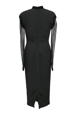 Black viscose-blend mixed-media stand collar peek-a-boo sweetheart sheath dress