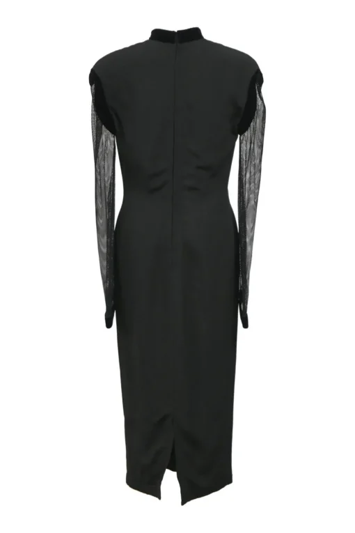 Black viscose-blend mixed-media stand collar peek-a-boo sweetheart sheath dress