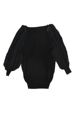 Black viscose-blend mixed-media scoop neck knit top with semi-sheer balloon sleeves