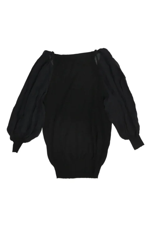 Black viscose-blend mixed-media scoop neck knit top with semi-sheer balloon sleeves