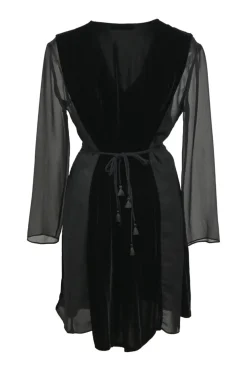 Black viscose-blend mixed-media plunge neck peek-a-boo long sleeve tie-waist mini dress with tonal tulle inserts