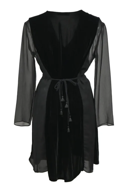 Black viscose-blend mixed-media plunge neck peek-a-boo long sleeve tie-waist mini dress with tonal tulle inserts