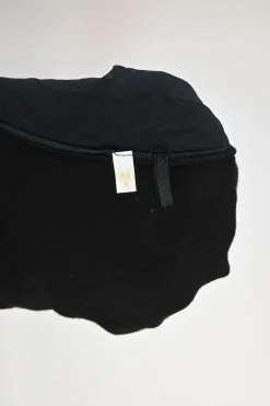 Black viscose-blend mixed-media scoop neck knit top with semi-sheer balloon sleeves