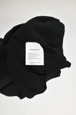 Black viscose-blend mixed-media scoop neck knit top with semi-sheer balloon sleeves