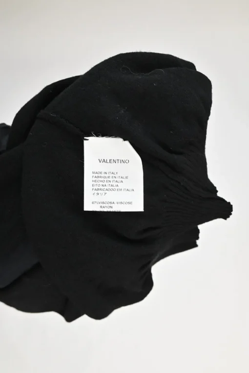 Black viscose-blend mixed-media scoop neck knit top with semi-sheer balloon sleeves