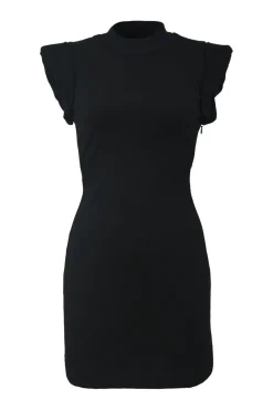 Black viscose-blend mock neck flutter sleeve mini dress