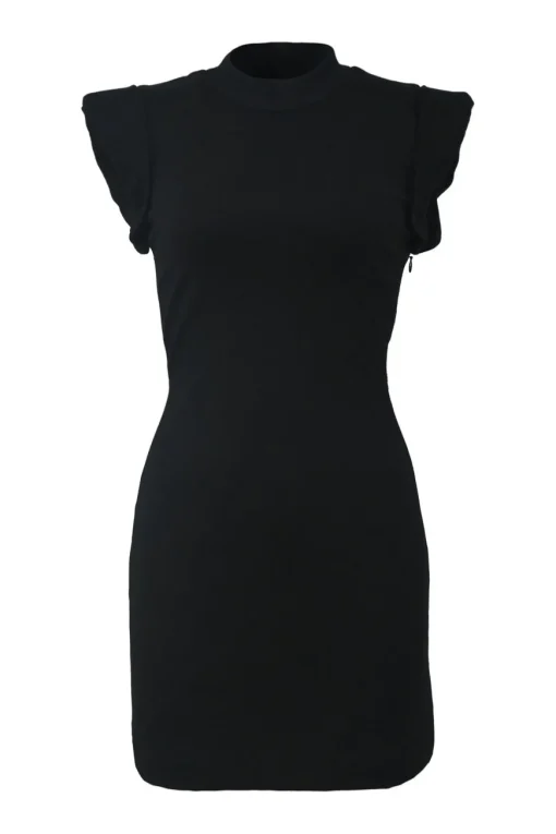 Black viscose-blend mock neck flutter sleeve mini dress