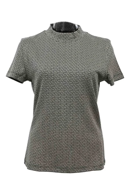 Black viscose-blend monogram jacquard knit mock neck short sleeve pullover top