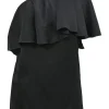 Black viscose-blend one-shoulder ruffle blouse